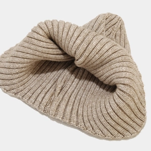 Classic ribbed knit beanie for winter outdoor warmth, beige thick cuff design for all adults