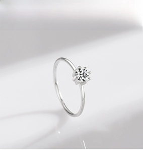 Close-up of a classic six-prong set round solitaire diamond ring in S925 sterling silver