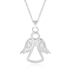 Detailed macro view of a silver angel pendant with hollow wings and polished 18k plating