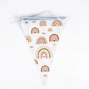 Rainbow pennant banner set for boho party decorations featuring 10 heart pattern flags