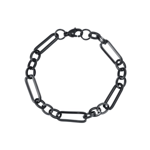Detail view of black stainless steel Figaro chain bracelet with secure lobster clasp