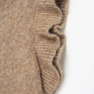 Women's knit ruffle sleeve sweater vest in camel color with soft textured wool blend