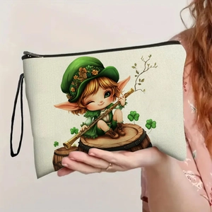 St Patricks Day Makeup Bag Linen Blend Leprechaun Shamrock Print Zipper Toiletry Pouch With Wristlet Strap For Travel