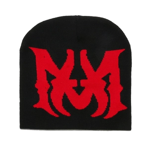 Winter outdoor black knit beanie with red gothic letter jacquard for women