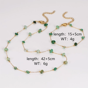 Detailed view of emerald stone necklace and bracelet set with specific length and weight info