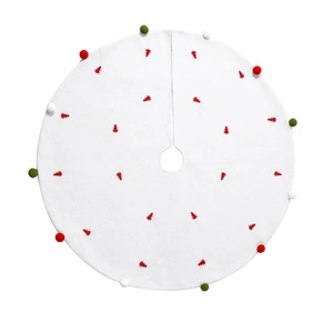 Jupe de sapin de Noël blanche avec broderies de sapins rouges et pompons colorés