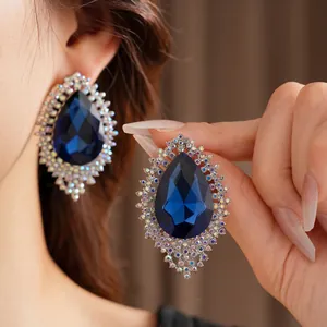 French vintage style large waterdrop earrings with deep blue rhinestones and colorful crystals