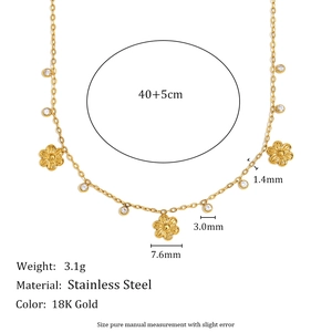 18K gold plated stainless steel floral necklace with zircon charms and O-chain for women