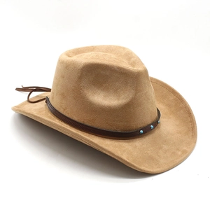 Detail of camel faux suede western cowboy hat with brown leather band and turquoise beads
