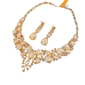 Elegant gold-tone jewelry set featuring water drop amber crystals on necklace and earrings