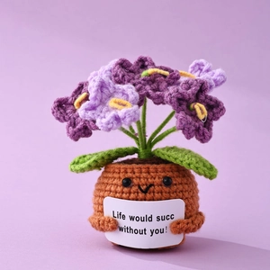 Detail of crochet potted plant with purple flower and funny English message board