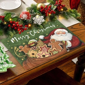 Festive snowman Christmas placemat with Santa Claus and cookies on wooden table