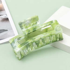 French style square marble resin hair claw clip with green and white pattern