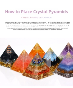 Detailed view of layered crystal orgone pyramids with metal coils for home decor