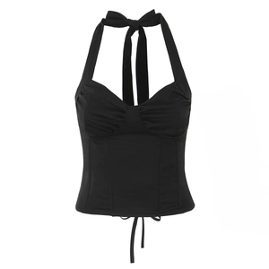 Sexy black halter neck corset top with slimming boning structure and lace-up design
