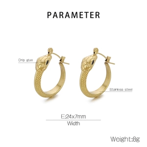 Detailed view of snake-shaped stainless steel earrings with black drip glue eye accents