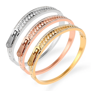 Creative Zipper Shape Bangle Stainless Steel Rhinestone Inlaid Fashion Punk Style Hinge Bracelet For Women Men Jewelry