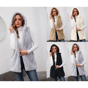 Women Hooded Faux Fur Vest Mid Length Sleeveless Striped Texture Casual Winter Warm Outerwear Fashionable