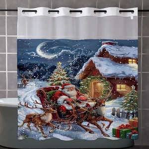 Detail view of waterproof polyester shower curtain featuring festive Santa and reindeer print
