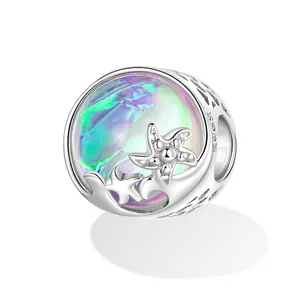 S925 sterling silver ocean star bead with iridescent opal stone and starfish charm