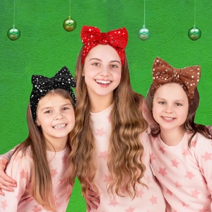 Plush Christmas headbands with gold star prints in red, black, and brown colors