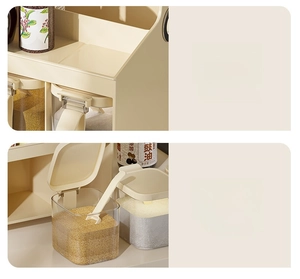 Detail of cream kitchen spice rack with transparent jars and matching spoons