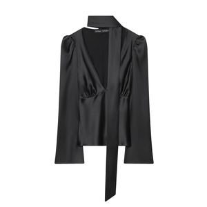 Women Elegant Black Satin Blouse Long Sleeve V Neck Scarf Tie Pullover Shirt Luxury Fashion Office Top