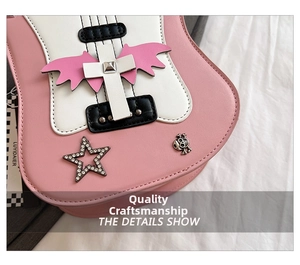 Detail of pink electric guitar shaped bag with star studs and metallic accents