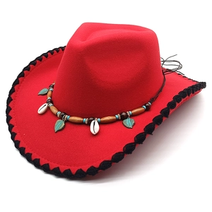 Western style red wool cowboy hat featuring bohemian beaded band and crochet edge