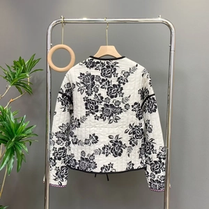 Women's French vintage floral quilted jacket with black and white prints and long sleeves