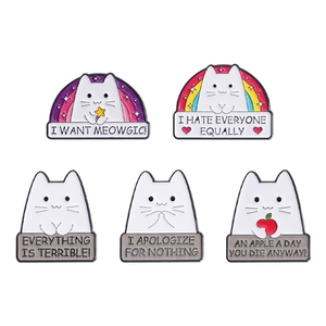 Set of five funny white cartoon cat enamel pins with humorous quotes on white background