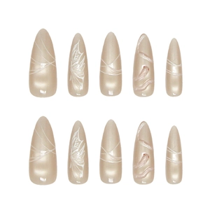 Handmade almond press-on nails with white butterfly wings and red koi fish patterns