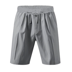Detail of grey men's linen shorts showing elastic drawstring waist and pocket texture