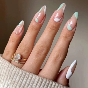 Faux Ongles Press On Amande Longue Design Français Ondulé Vert Menthe Blanc Plastique Brillant Pour Femmes
