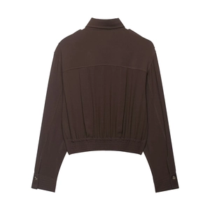 Women's dark brown cropped long sleeve jacket with elastic hem and shoulder straps back view