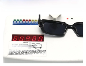 Detailaufnahme einer quadratischen Sonnenbrille auf einem UV400-Testgerät zum Schutz