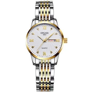 Elegant two-tone stainless steel lady quartz watch with double calendar and diamond hour markers