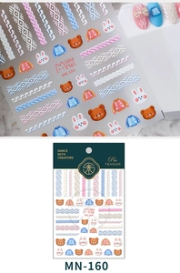 Detailed 3D embossed nail art stickers with cartoon bears and knit textures in macaron colors