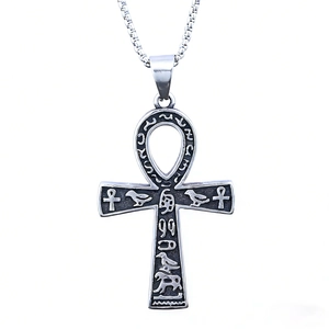 Pendentif croix Ankh égyptienne en acier inoxydable argenté avec gravures hiéroglyphes