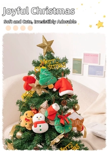 Close-up of soft plush Christmas ornaments including a gingerbread man and tree