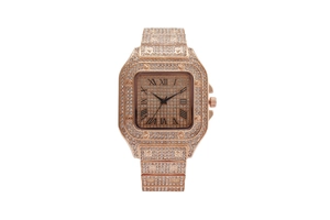 Detailed macro view of the rose gold square iced-out watch with crystal-set Roman numerals