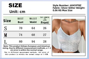 Detailed size chart for V-neck sequined crop top with bust and waist measurements