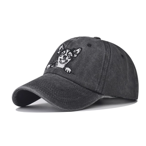 Baseball Cap Washed Cotton Distressed Retro Adjustable Hat Animal Embroidery Dog Cat Casual Unisex Dad Hat