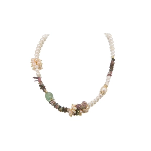 Collana artigianale di perle barocche con tormalina rosa naturale e giada verde