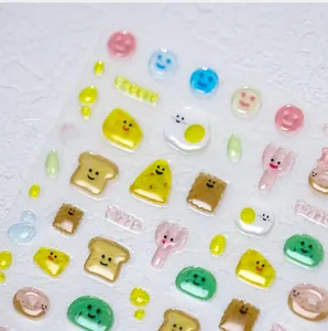 Detailed 3D nail art stickers with cute cheese, eggs, and toast food-themed patterns