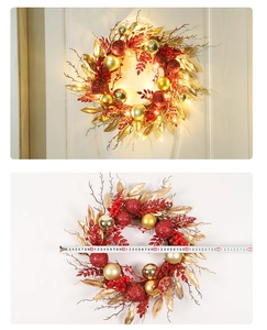 Detailed view of 45cm Christmas wreath with red gold ornaments and LED lights