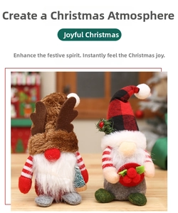 Detail of Christmas gnomes with plaid hats, deer antlers, and plush white beards for holiday decor