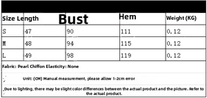 Size chart for halter neck top with length, chest, hem measurements and chiffon fabric info