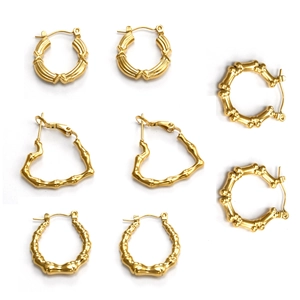 Set of four 18k gold plated stainless steel bamboo hoop earrings in various shapes