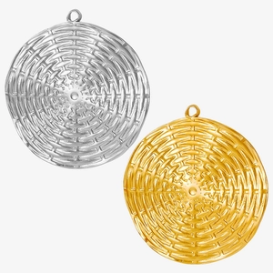 Macro detail of 304 stainless steel disc pendants in gold and silver with radial texture